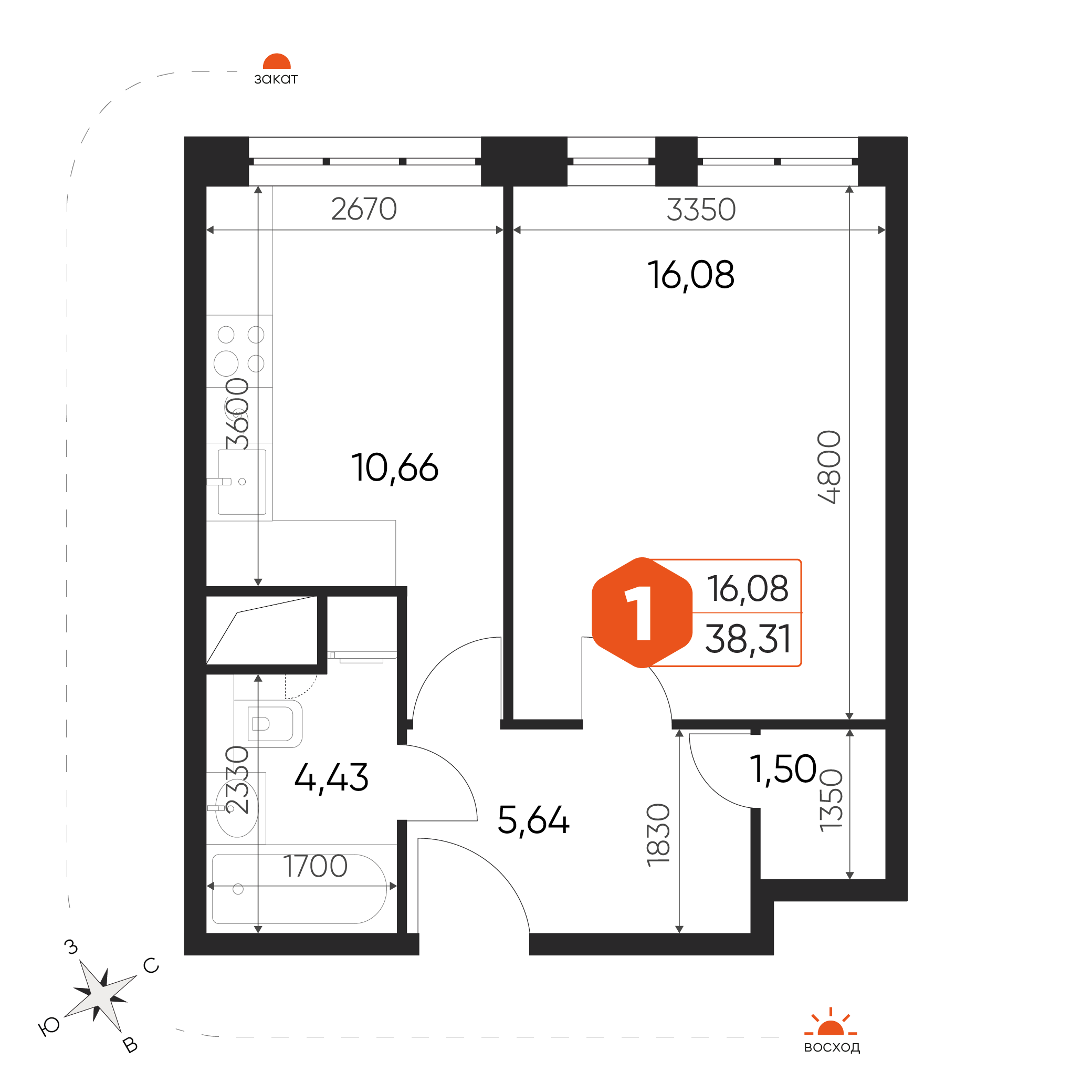 1-комнатная 38 м2 в ЖК Экоград Новый Катуар корпус null этаж 10
