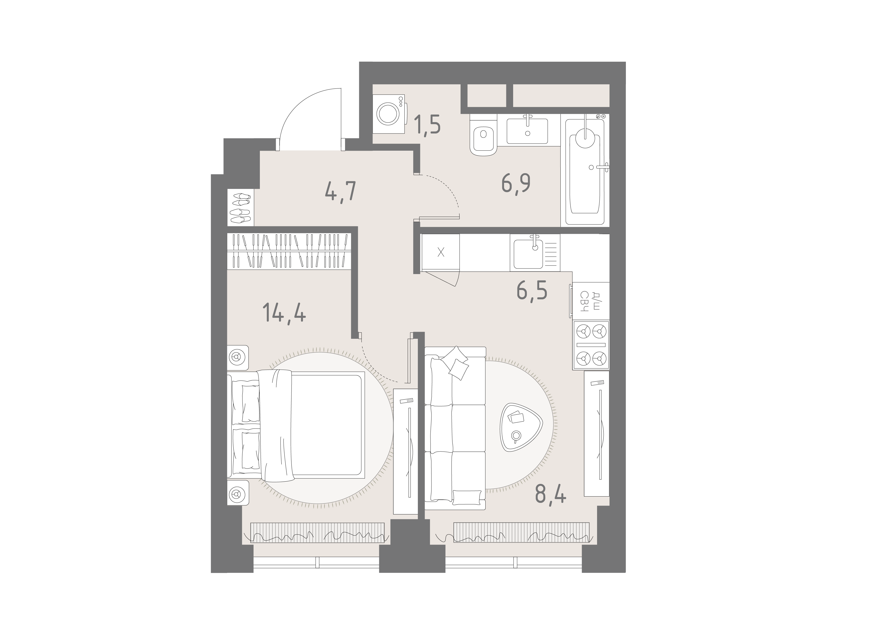 2-комнатная 42 м2 в ЖК Родина парк корпус null этаж 15