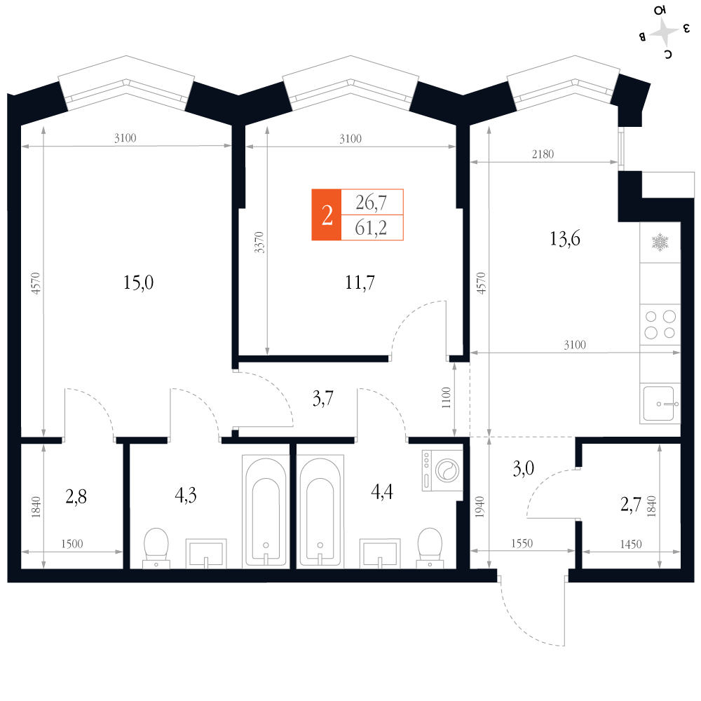2-комнатная 61 м2 в ЖК Фордевинд корпус null этаж 8
