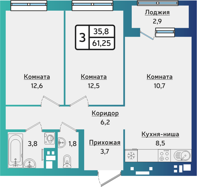 3-комнатная 61 м2 в ЖК ARTNOVA корпус null этаж 1