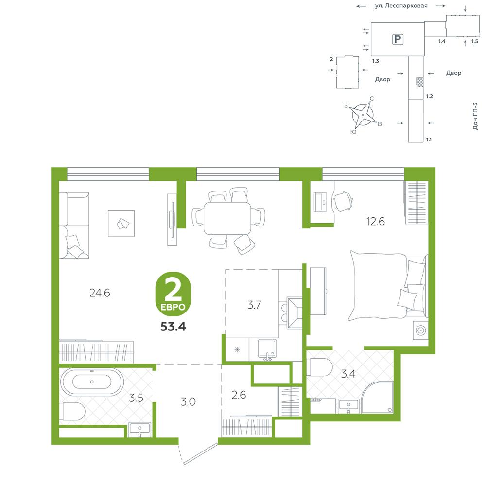 1-комнатная 53 м2 в ЖК Чистые пруды корпус null этаж 14