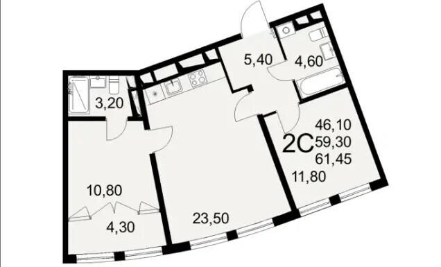 3-комнатная 61.5 м2 в ЖК undefined корпус null этаж 2