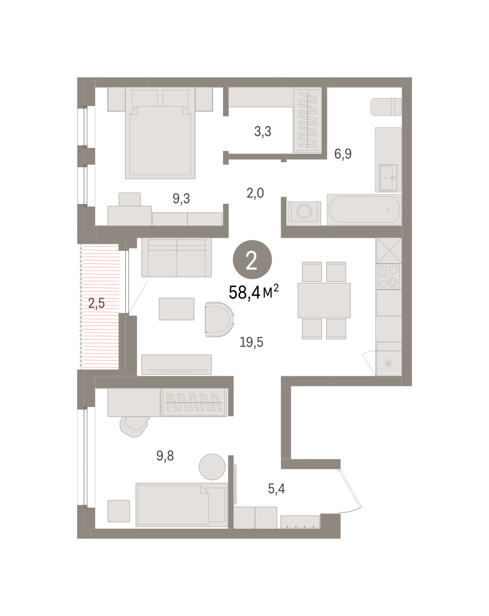 2-комнатная 58 м2 в ЖК Зарека корпус null этаж 5