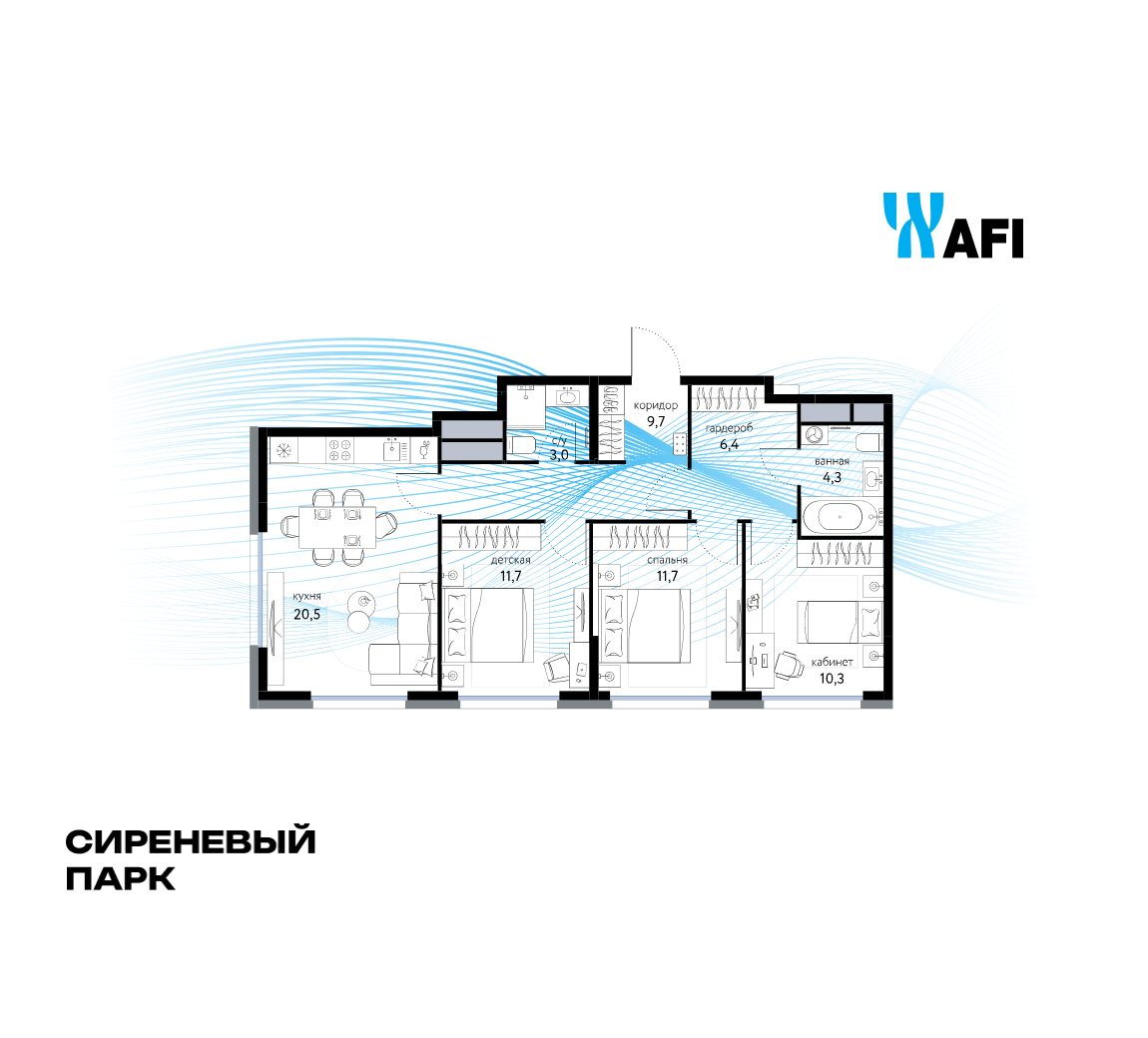 3-комнатная 77 м2 в ЖК Сиреневый парк корпус null этаж 13