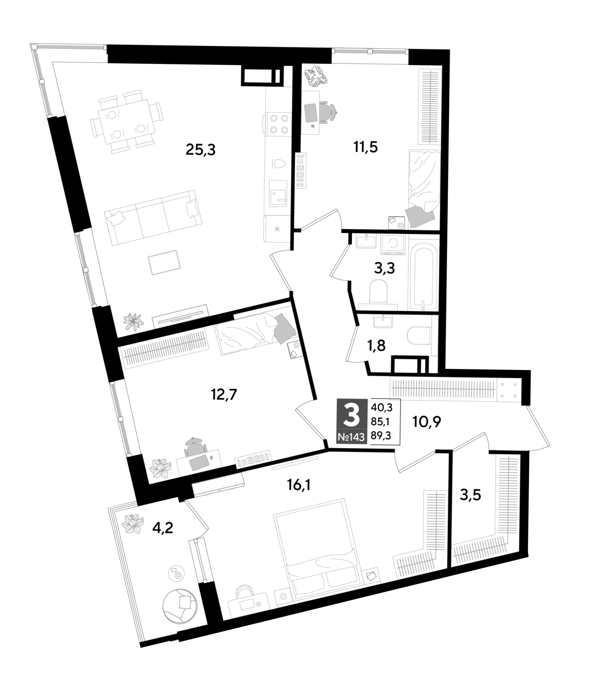 3-комнатная 89 м2 в ЖК Парк Победы 2 корпус null этаж 16