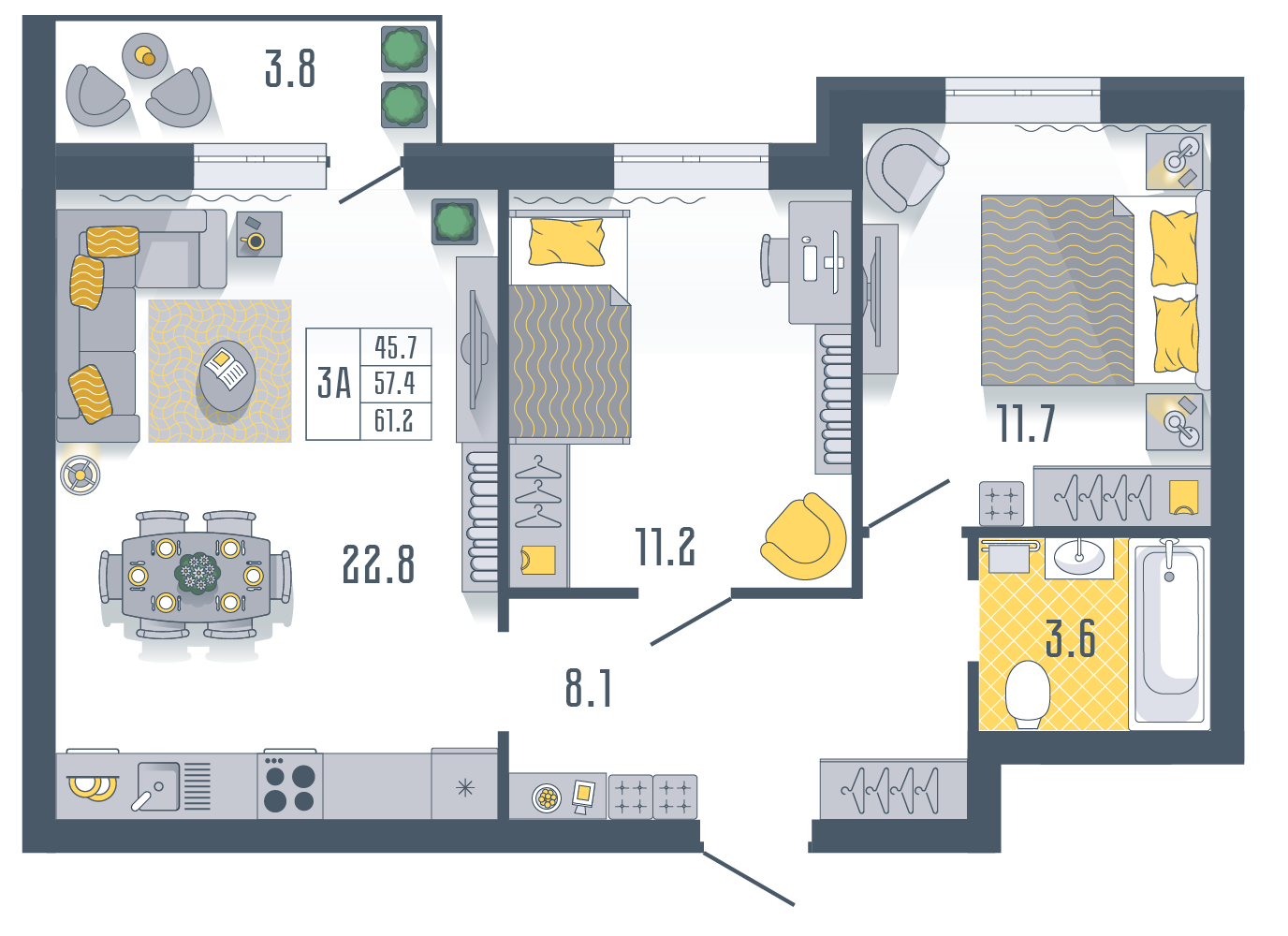 2-комнатная 61 м2 в ЖК Солнечный город корпус null этаж 3