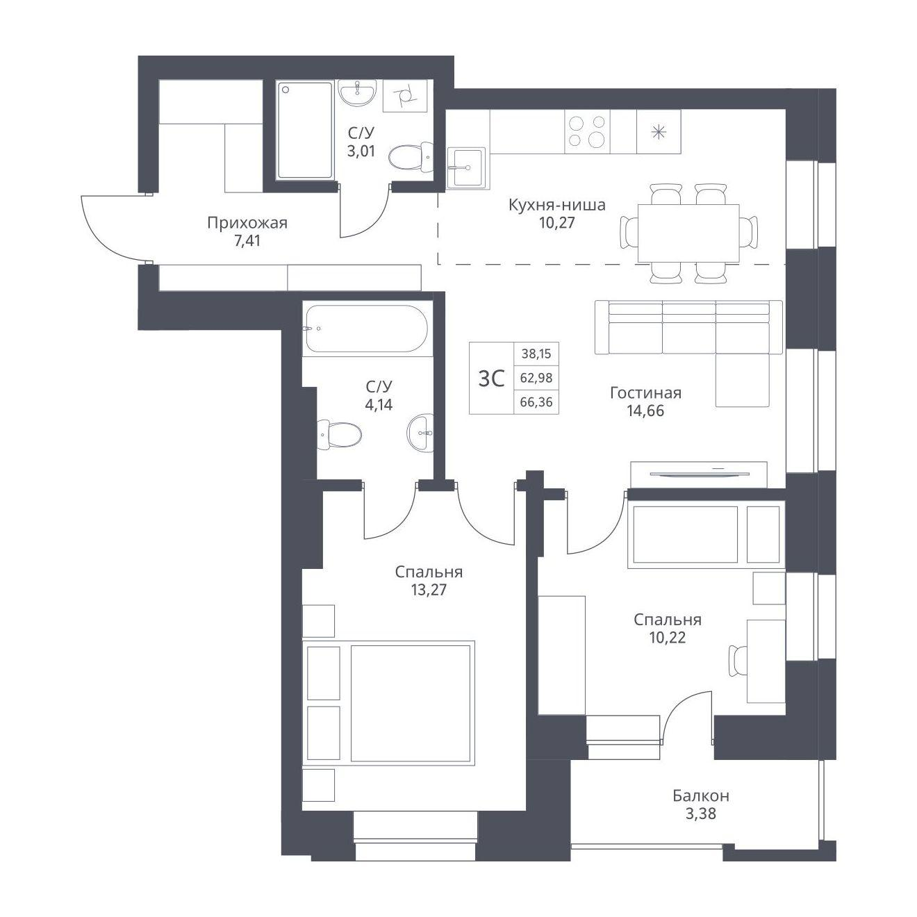 3-комнатная 66 м2 в ЖК АКТИВ корпус null этаж 12