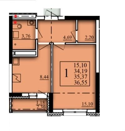 1-комнатная 35 м2 в ЖК Паруса корпус null этаж 12