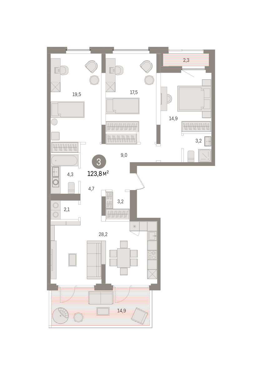 2-комнатная 123 м2 в ЖК Зарека корпус null этаж 2
