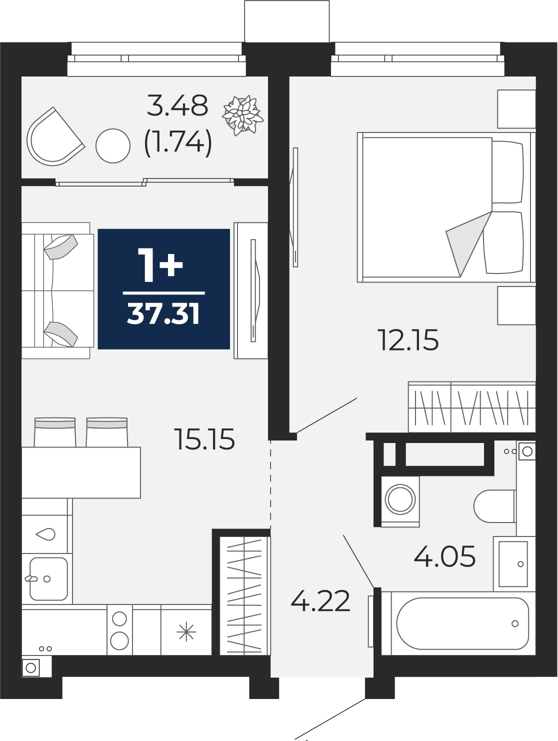 1-комнатная 35 м2 в ЖК Прео корпус null этаж 22