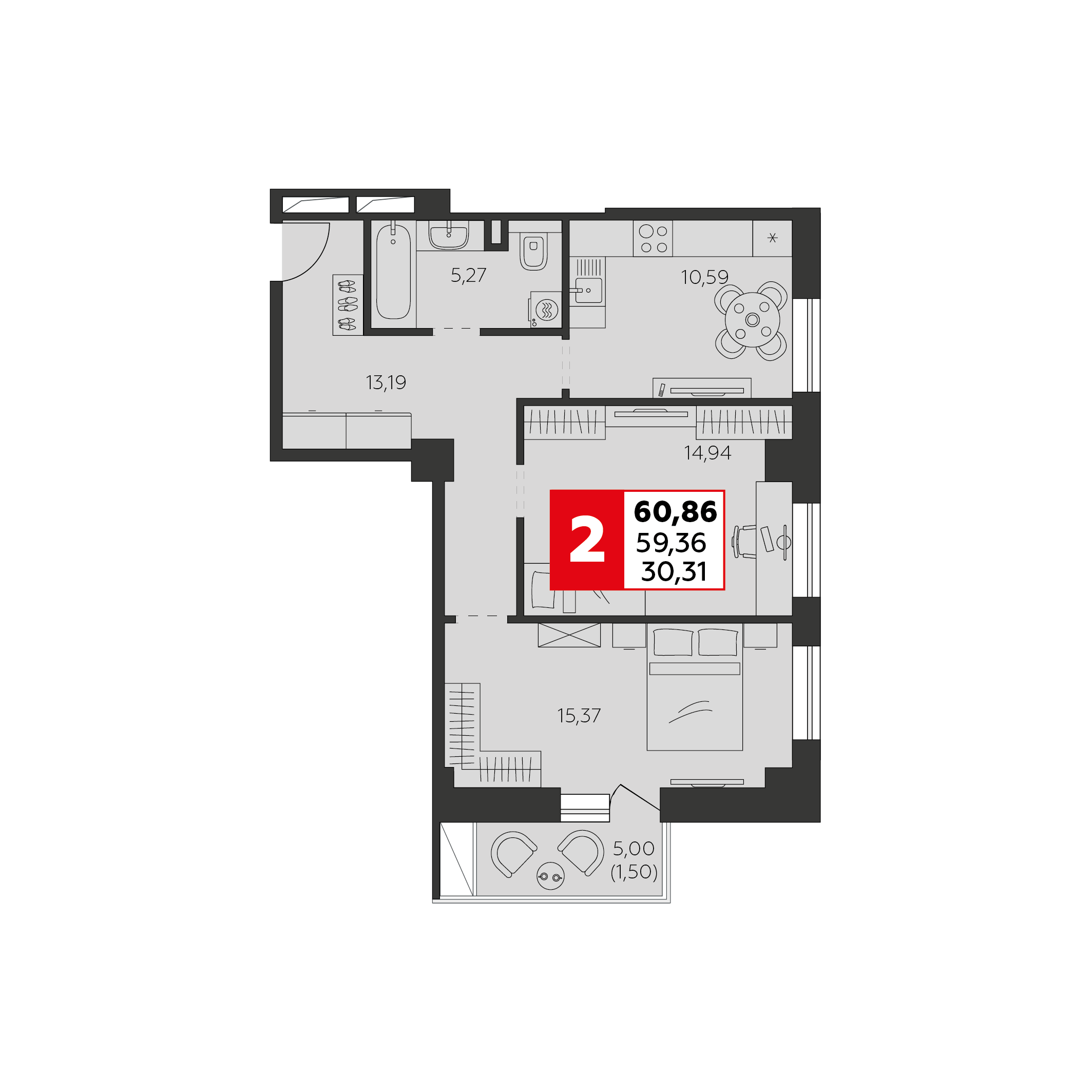 2-комнатная 60 м2 в ЖК Высотка корпус null этаж 19