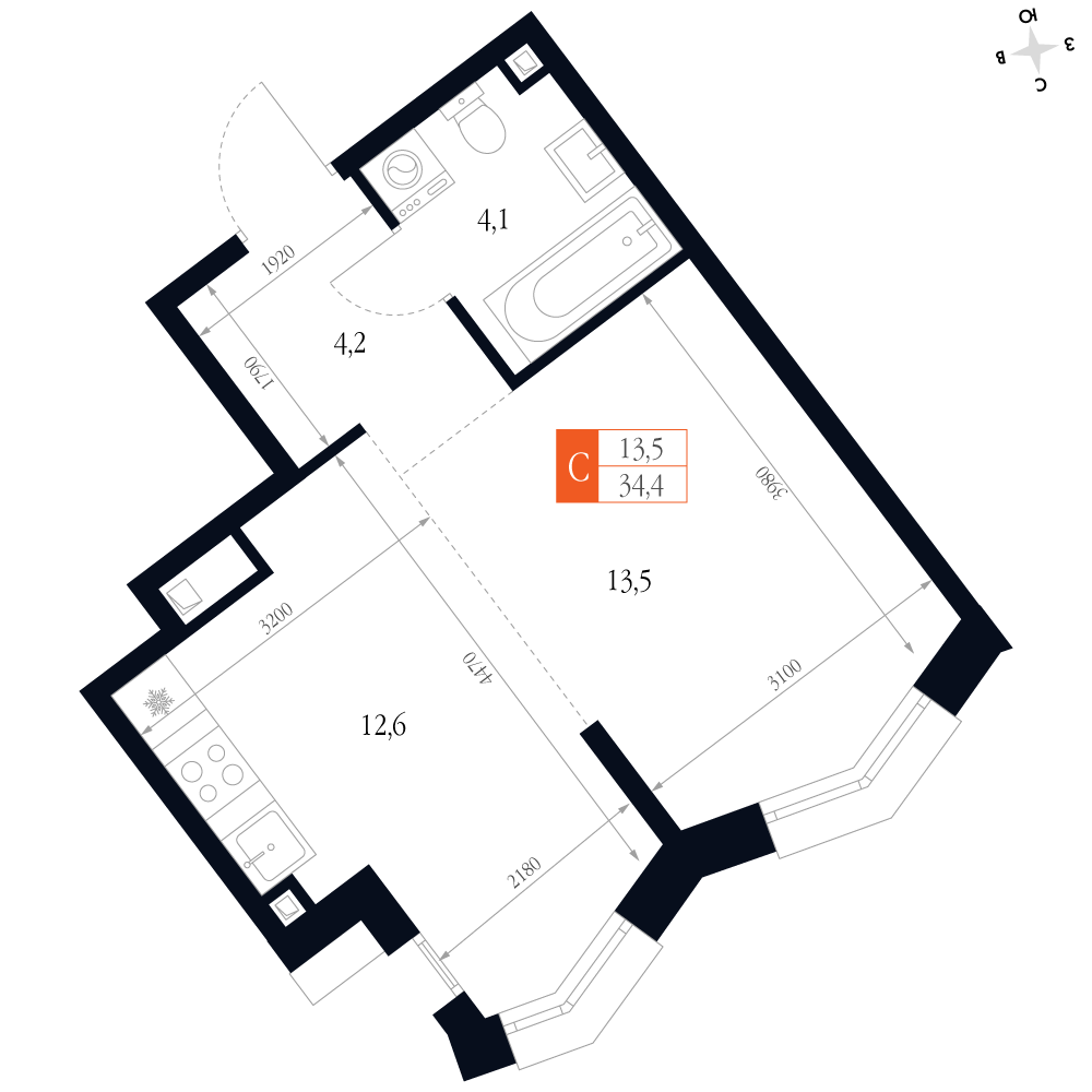 Студия 34 м2 в ЖК Фордевинд корпус null этаж 8