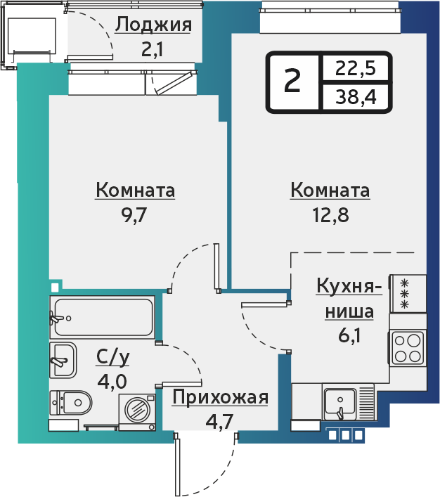 2-комнатная 38 м2 в ЖК ВЕГА-2 корпус null этаж 1