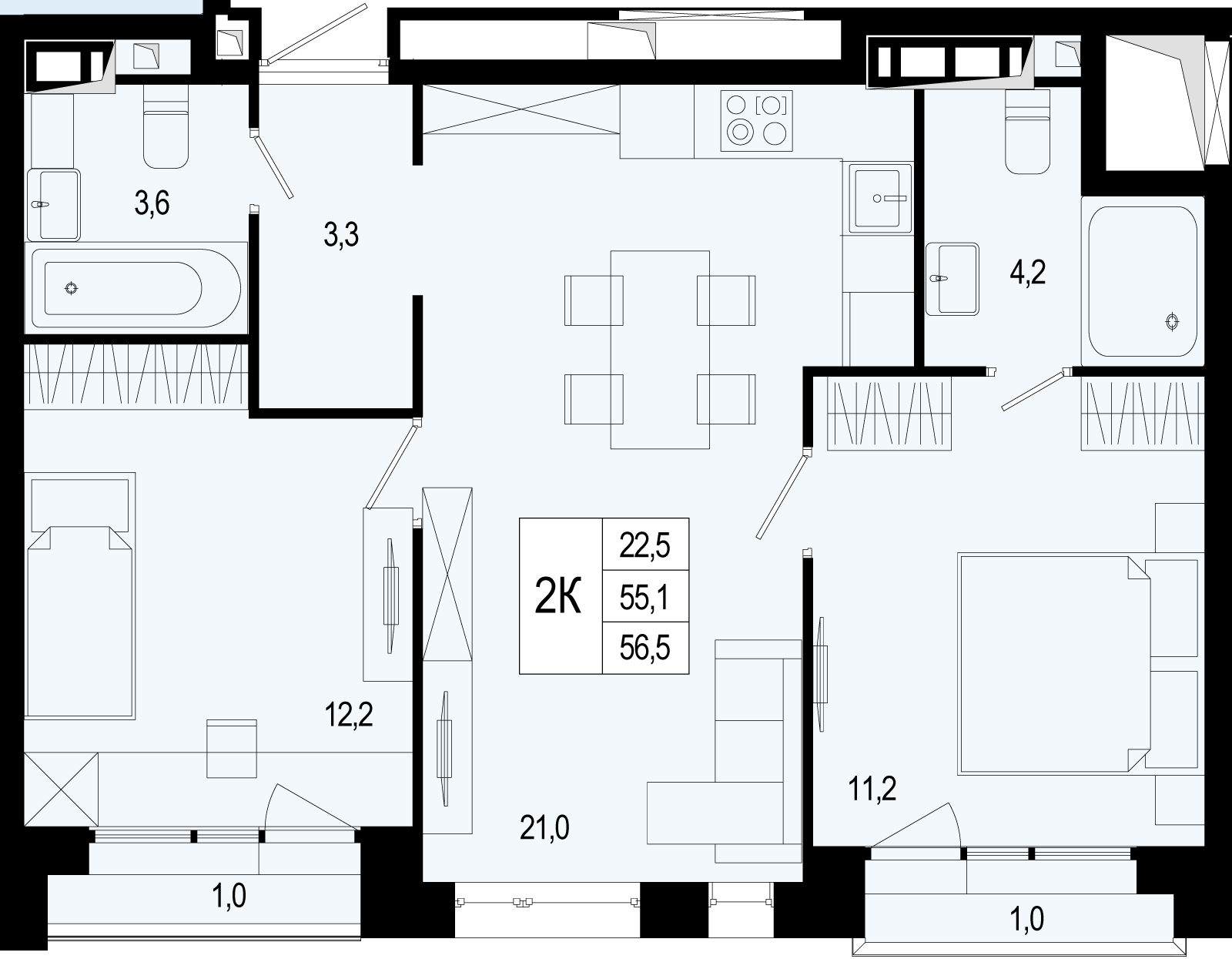 2-комнатная 55 м2 в ЖК Новая Щербинка корпус null этаж 7