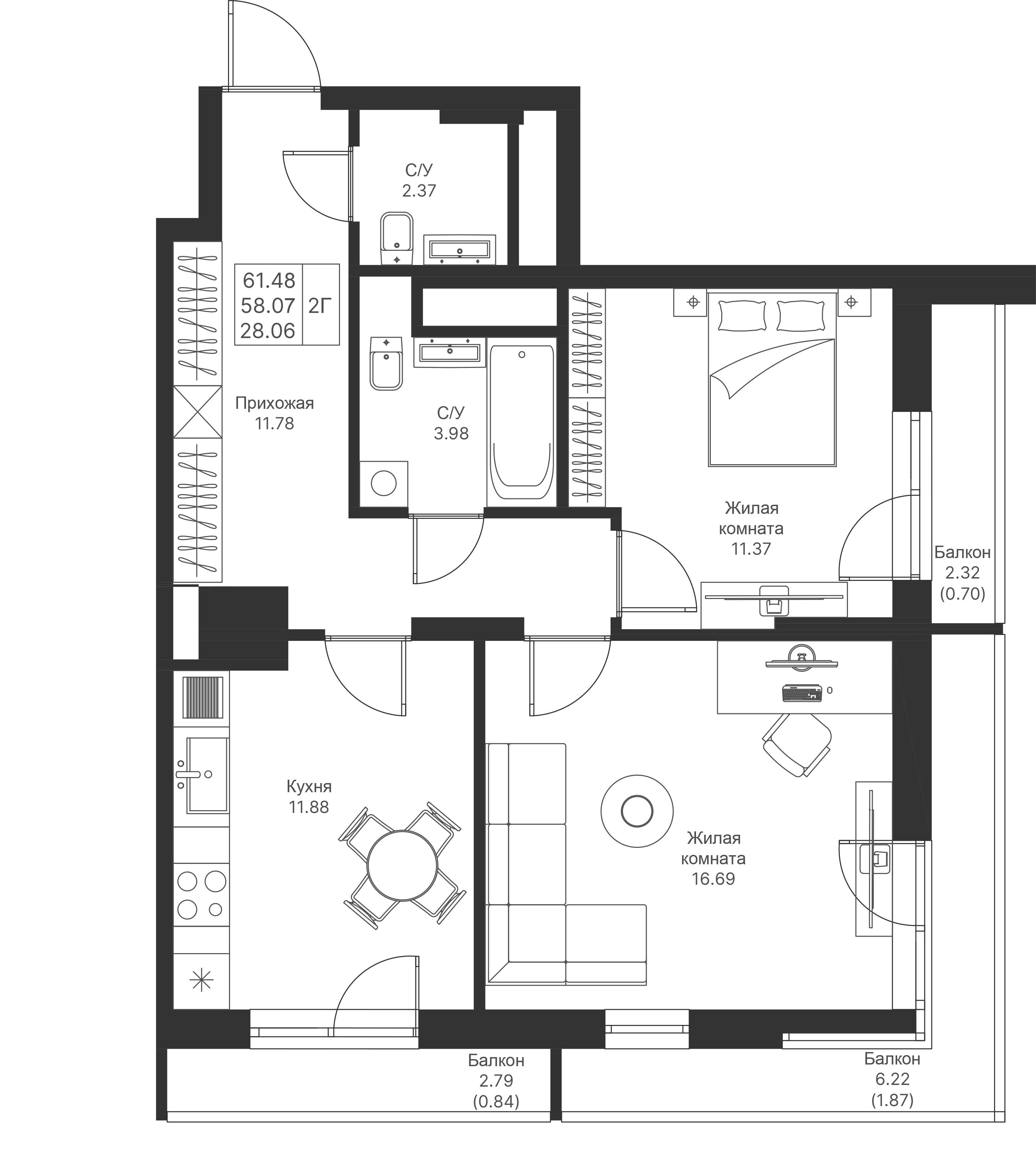 2-комнатная 61 м2 в ЖК Мой Ритм корпус null этаж 15