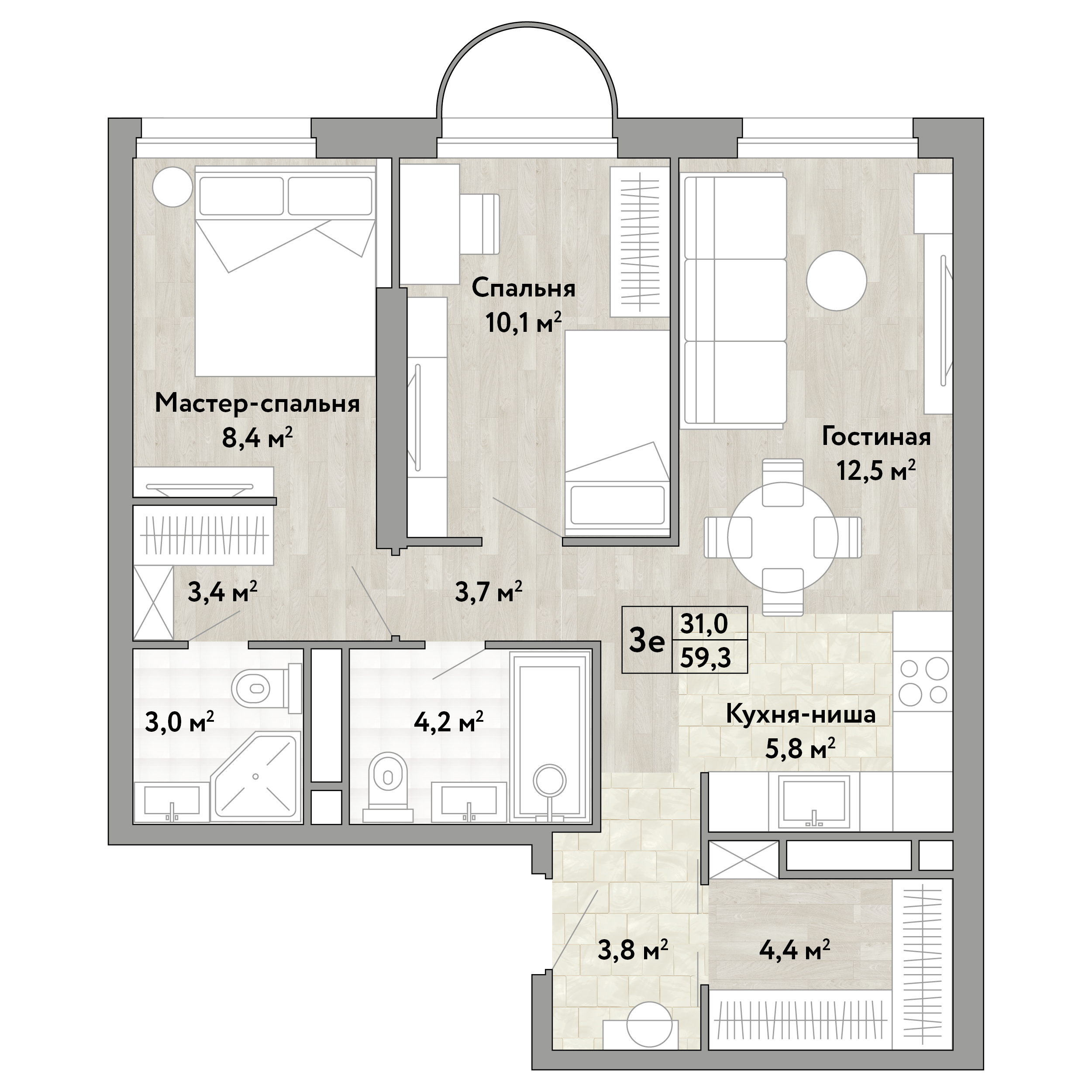 2-комнатная 59 м2 в ЖК Новые Смыслы корпус null этаж 5
