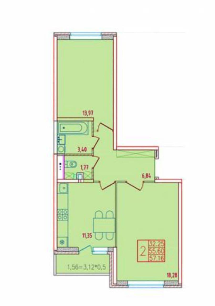 2-комнатная 60 м2 в ЖК undefined корпус null этаж 10