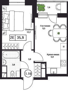 1-комнатная 35 м2 в ЖК Пушкино Град корпус null этаж 15