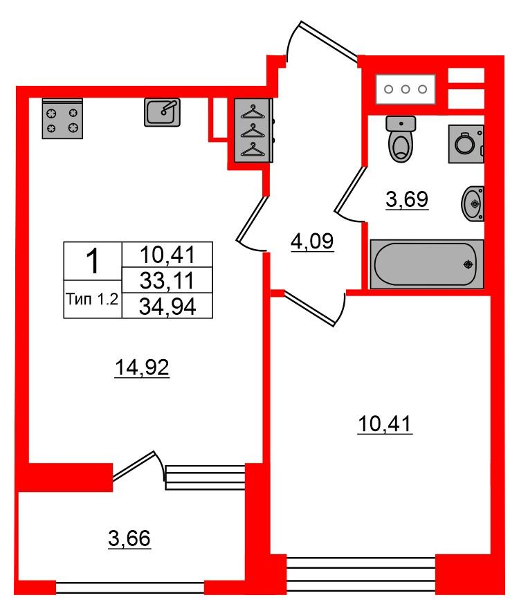 1-комнатная 33 м2 в ЖК Setl Ривьера корпус null этаж 3