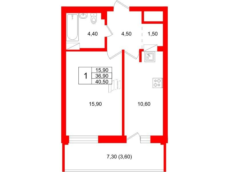 1-комнатная 41 м2 в ЖК Экос корпус null этаж 10