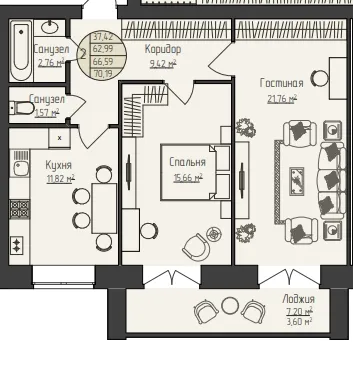 2-комнатная 70 м2 в ЖК Звездный корпус null этаж 1