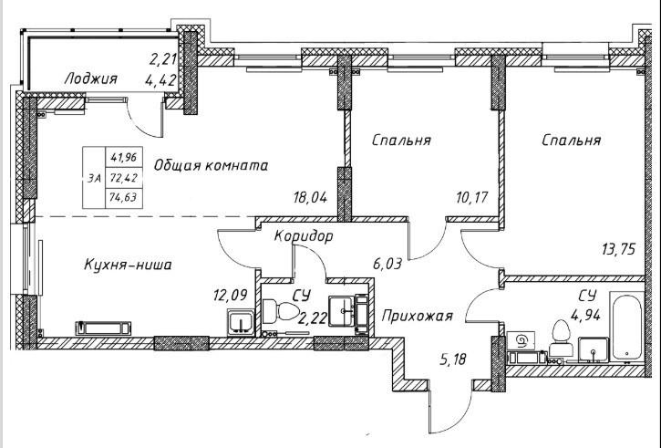3-комнатная 72.6 м2 в ЖК undefined корпус null этаж 7