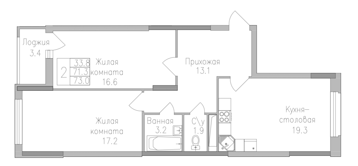 2-комнатная 73 м2 в ЖК undefined корпус null этаж 10