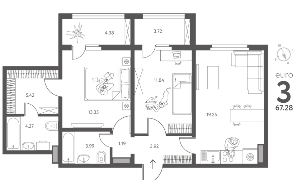 3-комнатная 67.3 м2 в ЖК undefined корпус null этаж 3