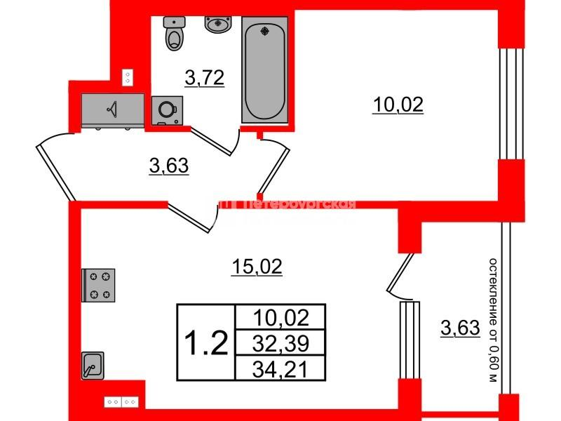 1-комнатная 32 м2 в ЖК Univer City корпус null этаж 3