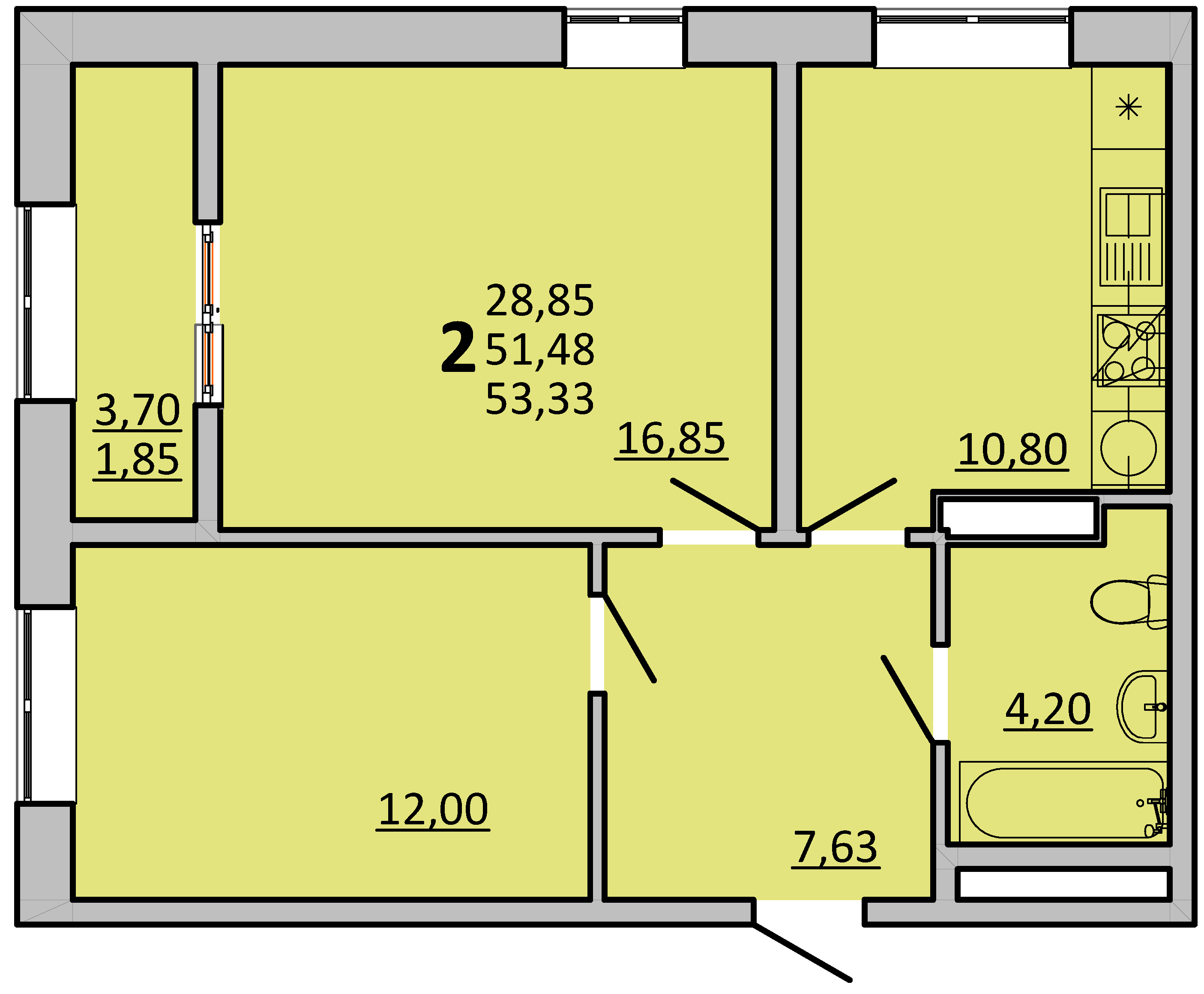 2-комнатная 62 м2 в ЖК Фрейм корпус null этаж 14