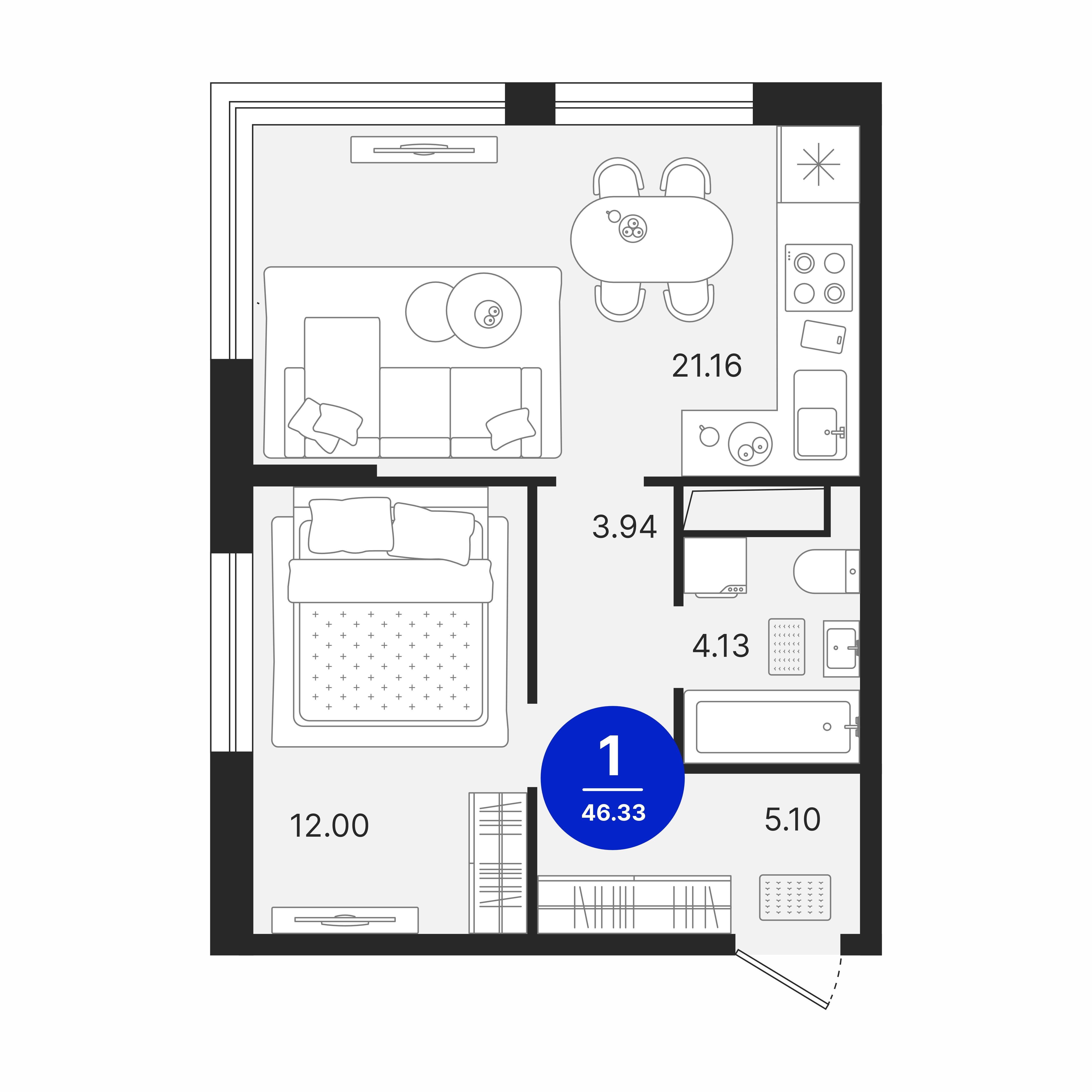 1-комнатная 46 м2 в ЖК Северное Сияние корпус null этаж 2