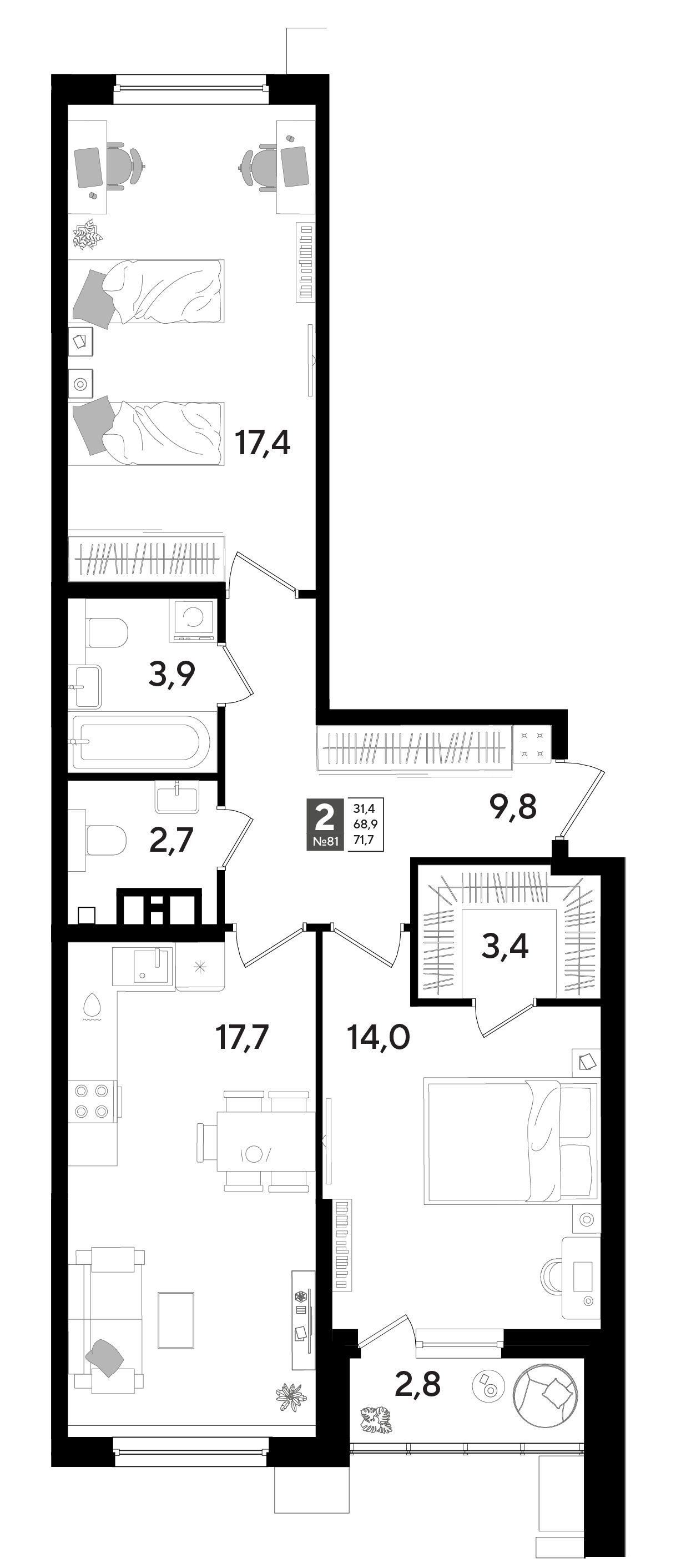 2-комнатная 71 м2 в ЖК Dogma Park корпус null этаж 7
