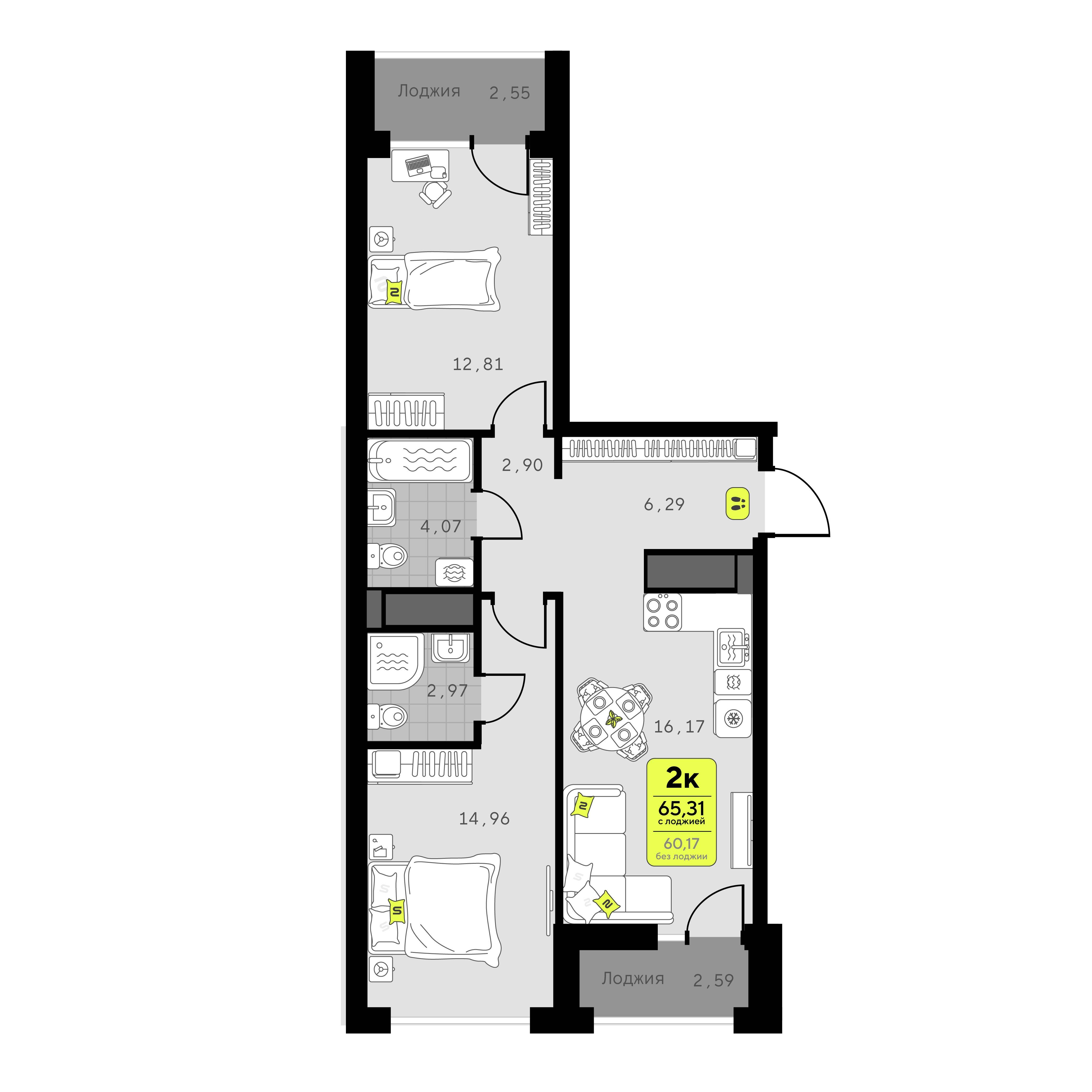 2-комнатная 65 м2 в ЖК Мотивы корпус null этаж 12