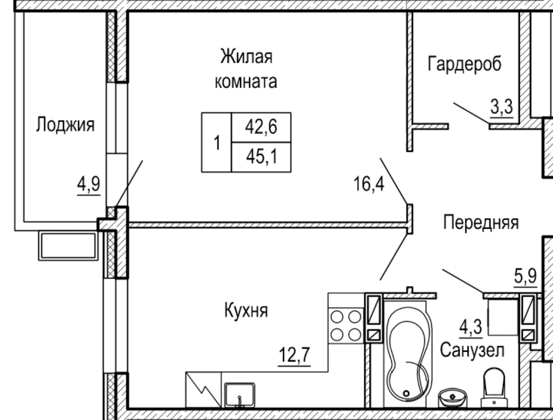 1-комнатная 45 м2 в ЖК Гармония корпус null этаж 5