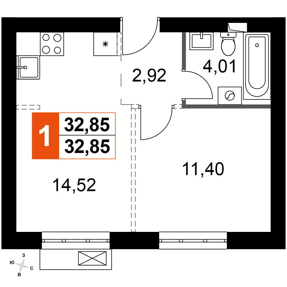 1-комнатная 32 м2 в ЖК Жаворонки Клаб корпус null этаж 2