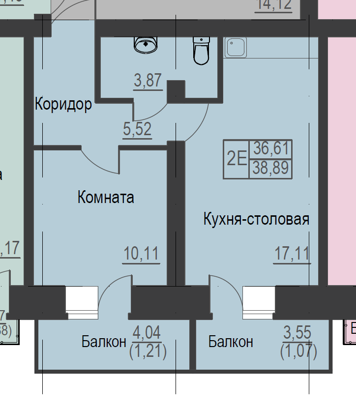 2-комнатная 38.9 м2 в ЖК undefined корпус null этаж 9