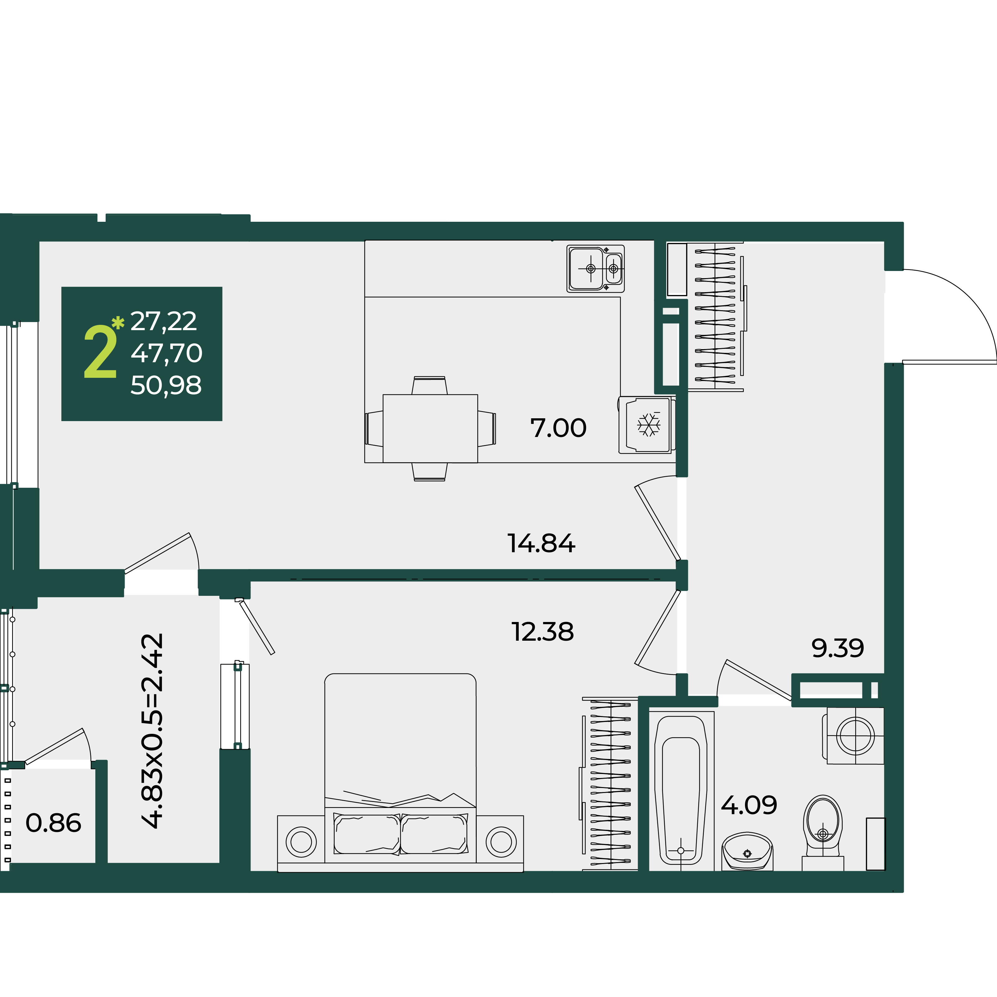 2-комнатная 50 м2 в ЖК Образцово корпус null этаж 10