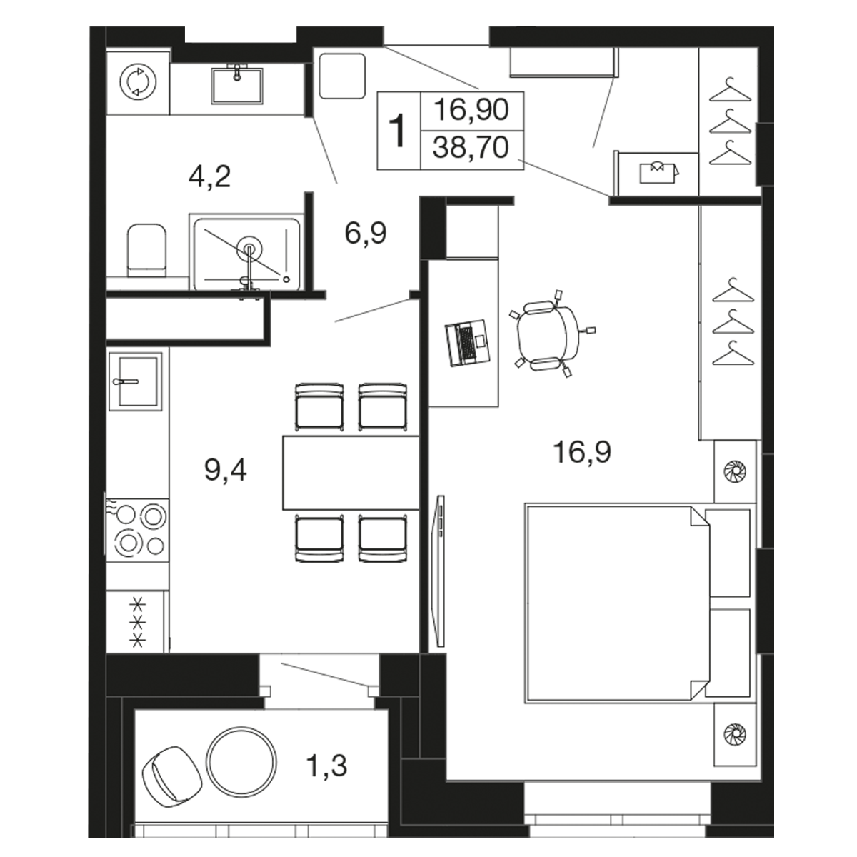 1-комнатная 38 м2 в ЖК Времена года корпус null этаж 7