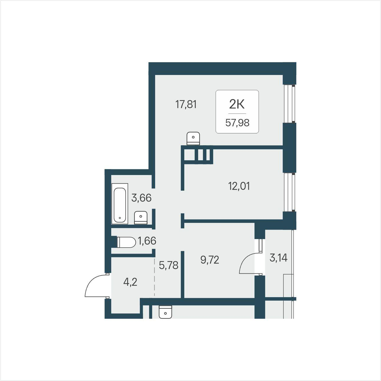 2-комнатная 57 м2 в ЖК Расцветай в Солнечном корпус null этаж 7
