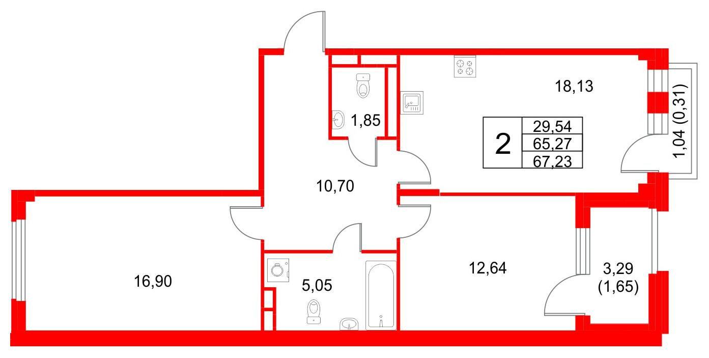2-комнатная 67 м2 в ЖК Кронфорт. Центральный корпус null этаж 3