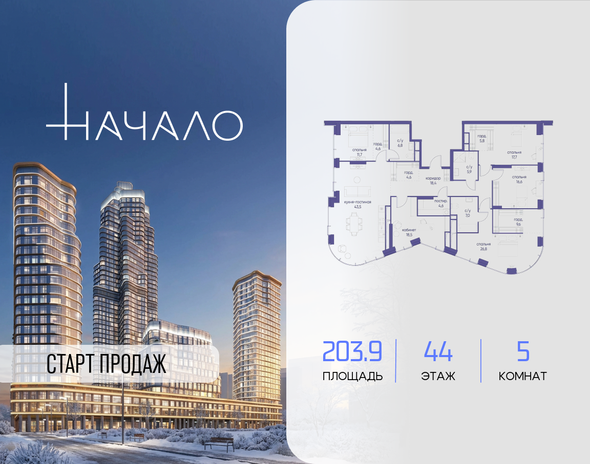 5-комнатная 203 м2 в ЖК Начало корпус null этаж 44