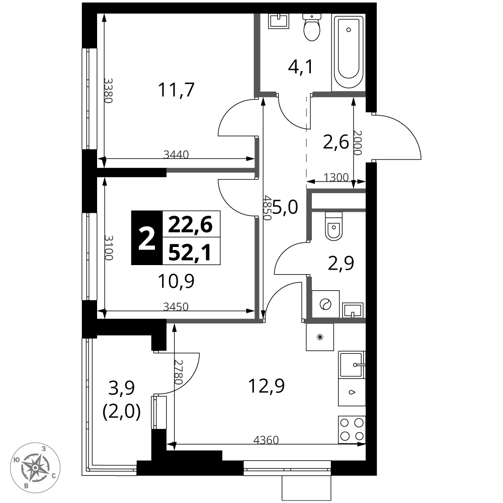 2-комнатная 52 м2 в ЖК 1-й Ясеневский корпус null этаж 9