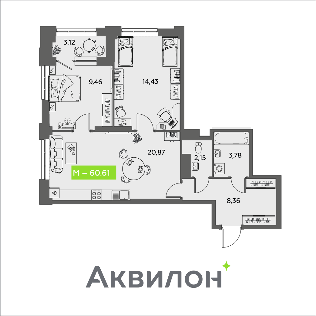 Студия 60 м2 в ЖК Аквилон Shine корпус null этаж 14