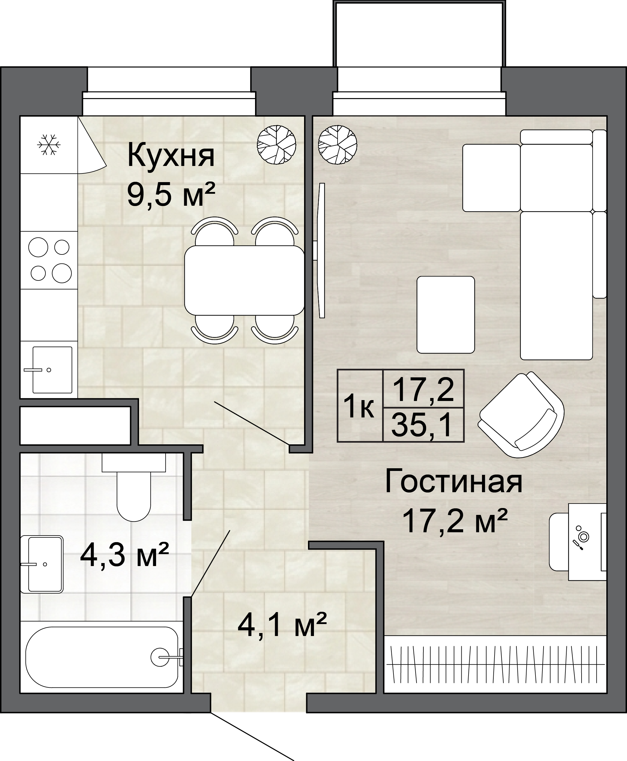 1-комнатная 35 м2 в ЖК Яблоневый Сад корпус null этаж 11