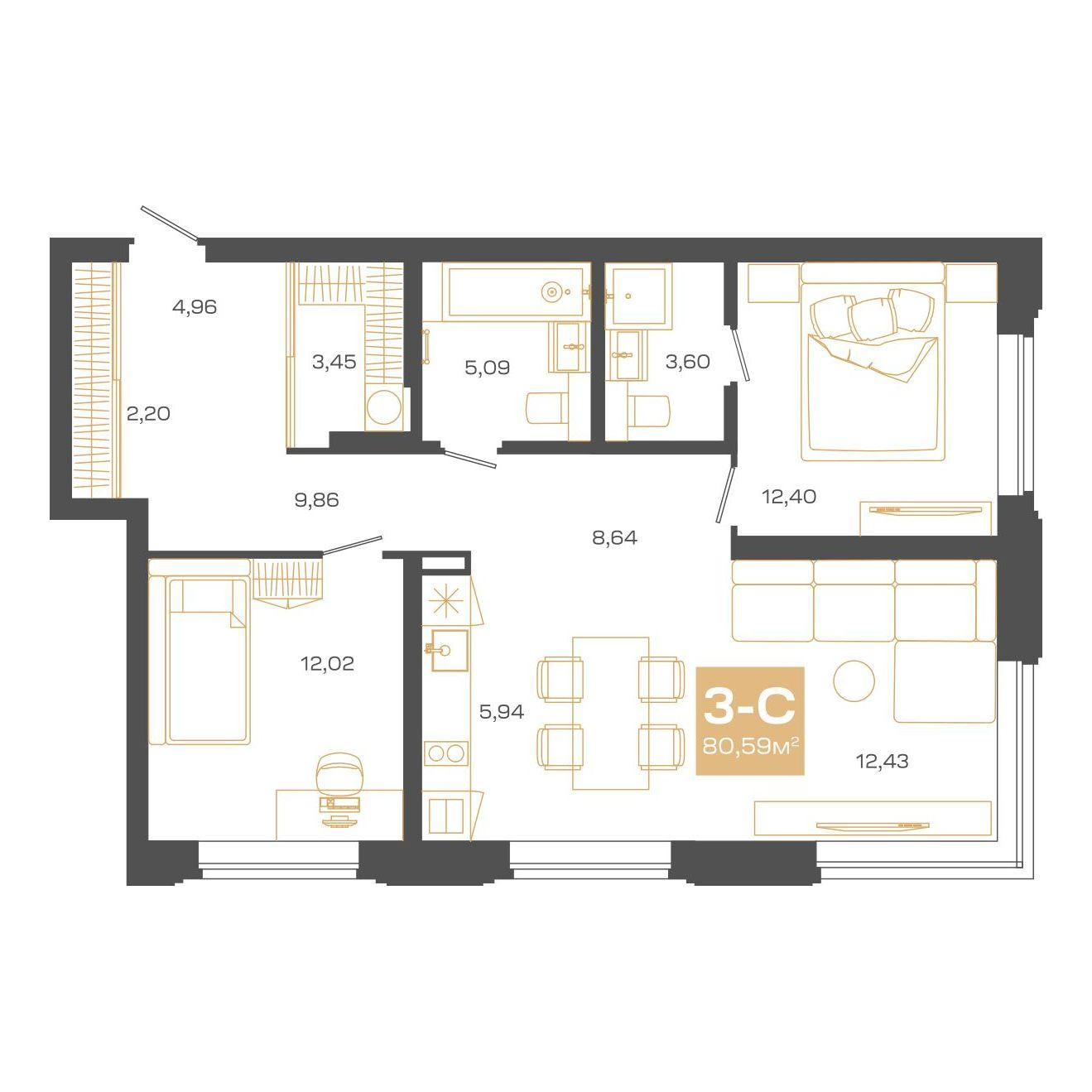 3-комнатная 80 м2 в ЖК Пульсар корпус null этаж 20