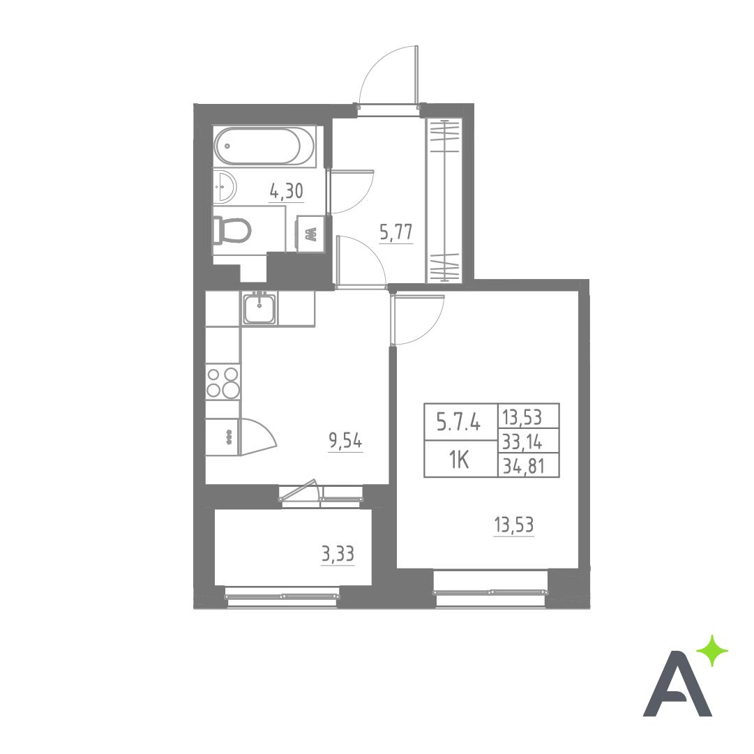 1-комнатная 34 м2 в ЖК Аквилон SOLAR корпус null этаж 8
