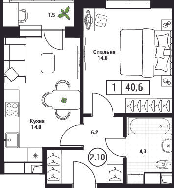 1-комнатная 40 м2 в ЖК Пушкино Град корпус null этаж 7