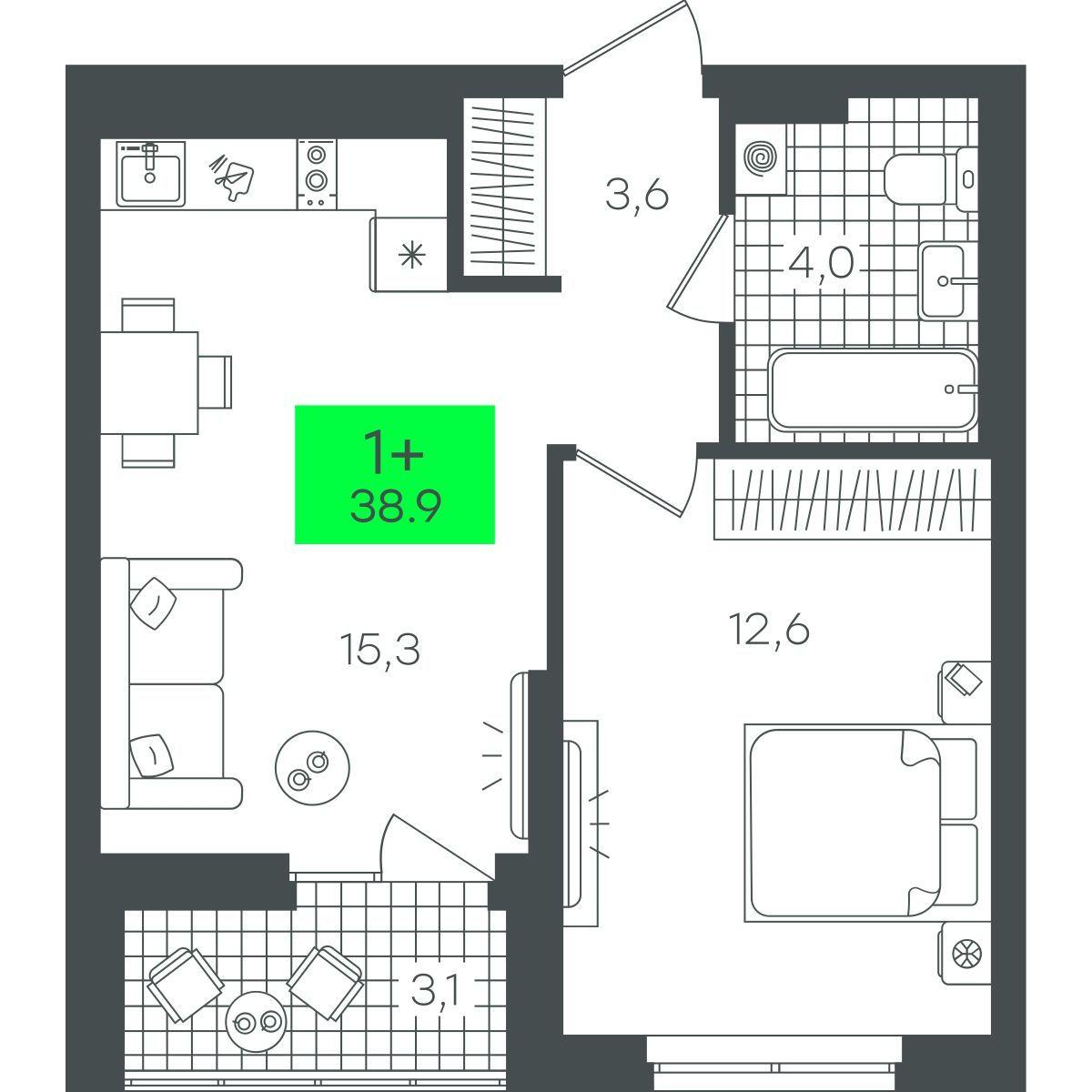1-комнатная 38 м2 в ЖК Гранд Квартал корпус null этаж 5