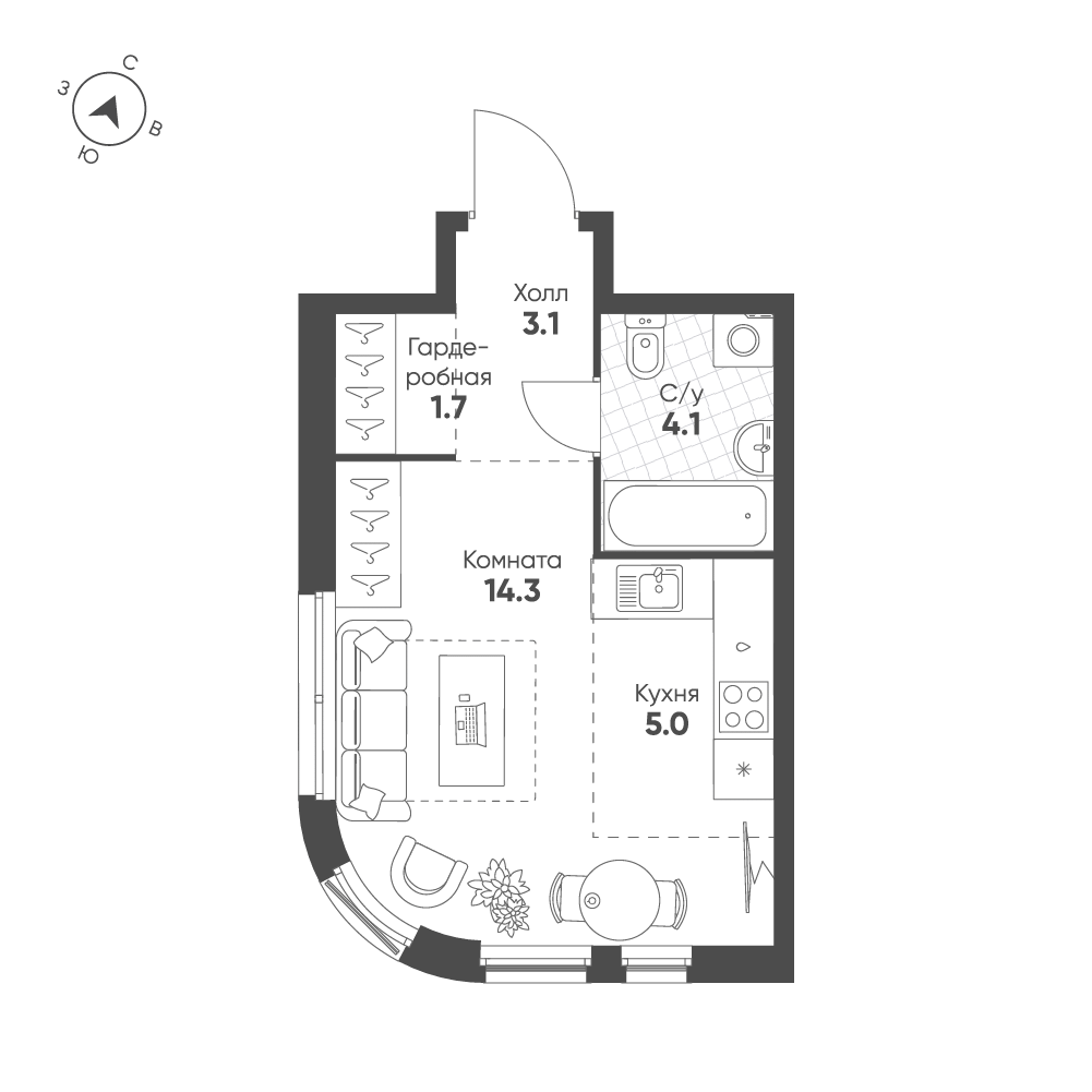 1-комнатная 28 м2 в ЖК Шагал корпус null этаж 12