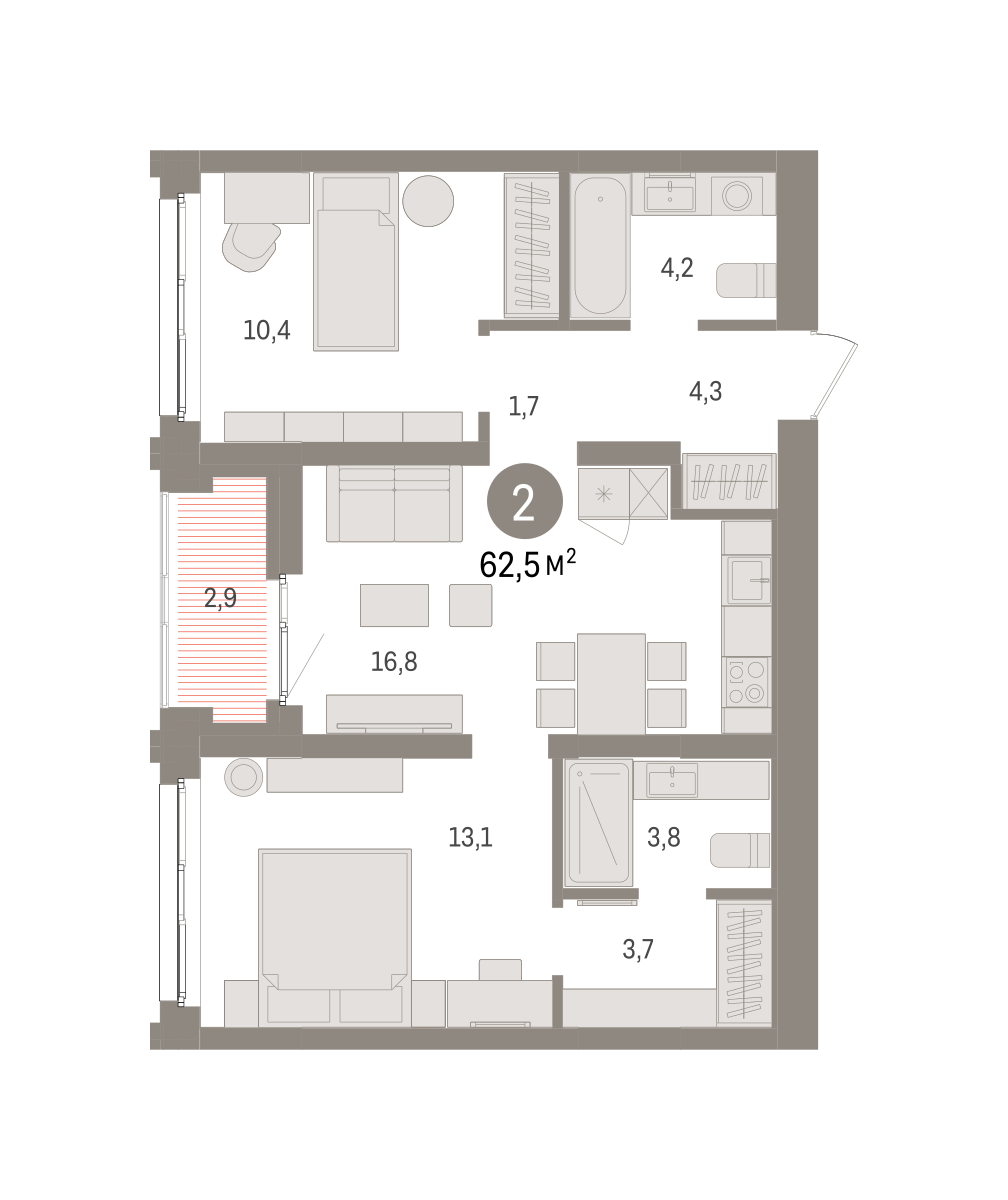 2-комнатная 62 м2 в ЖК Европейский берег корпус null этаж 6